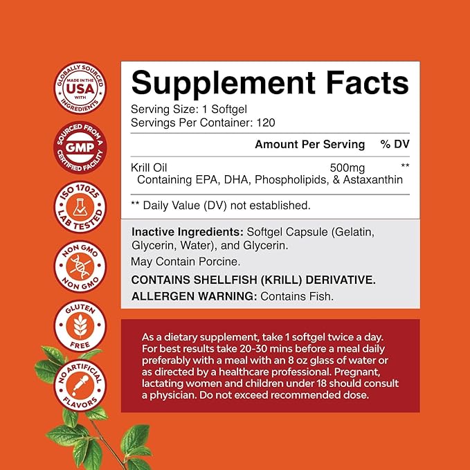 Antarctic Krill Oil 500mg Softgels - High Absorption Omega 3 Fatty Acid Supplement with Potent EPA DHA Astaxanthin and Phospholipids - Wild Caught Burpless Fish Oil Omega 3 Supplement