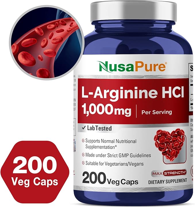NusaPure L-Arginine 1000 mg 200 Veggie Capsules (Non-GMO, Vegetarian, Vegan)