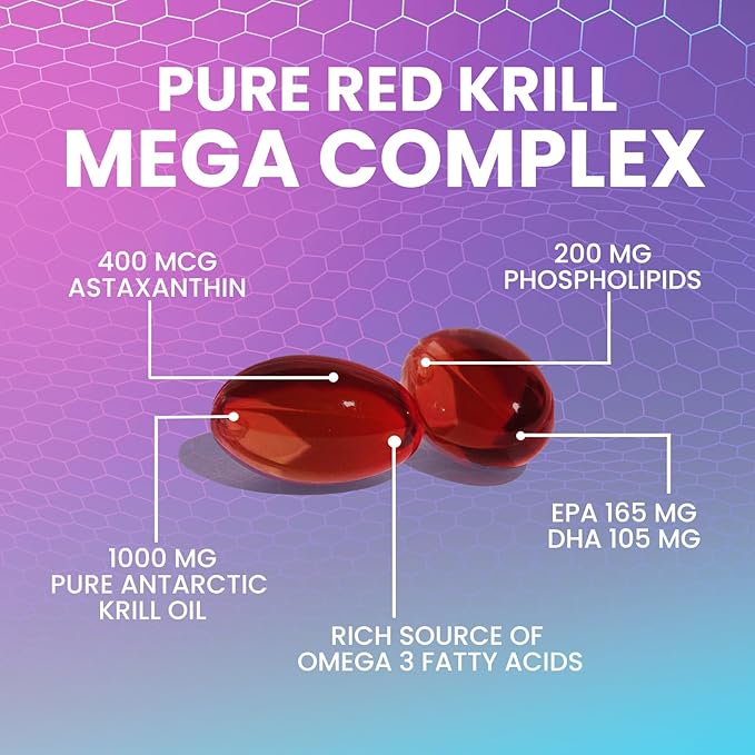 Krill Oil Omega 3 Supplement 1000 mg - Antarctic Krill Oil with Omega-3 EPA, DHA with Astaxanthin Sourced from Red Krill, Brain Health & Immune Support with Phospholipids - 30 Servings, 60 Softgels