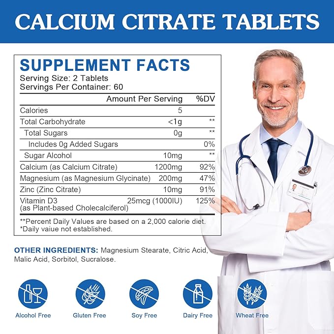 Calcium Citrate 1200mg Supplement with Vitamin D3 for Women and Men - Calcium Magnesium Zinc D3 Supplement for Bone, Teeth, Immune Support, Vegan-Friendly - 120 Tablets