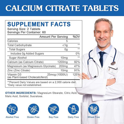 Calcium Citrate 1200mg Supplement with Vitamin D3 for Women and Men - Calcium Magnesium Zinc D3 Supplement for Bone, Teeth, Immune Support, Vegan-Friendly - 120 Tablets