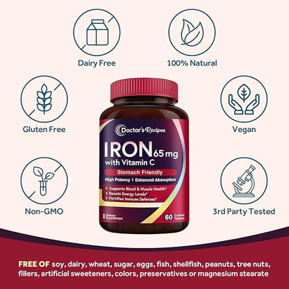 Doctor's Recipes Iron Supplement 65 mg with Vitamin C - Maximized Absorption & Stomach Friendly Iron Pills for Red Blood Cells Formation, Heart, Brain & Immunity Health - Vegan 120 Tabs (Pack of 2)