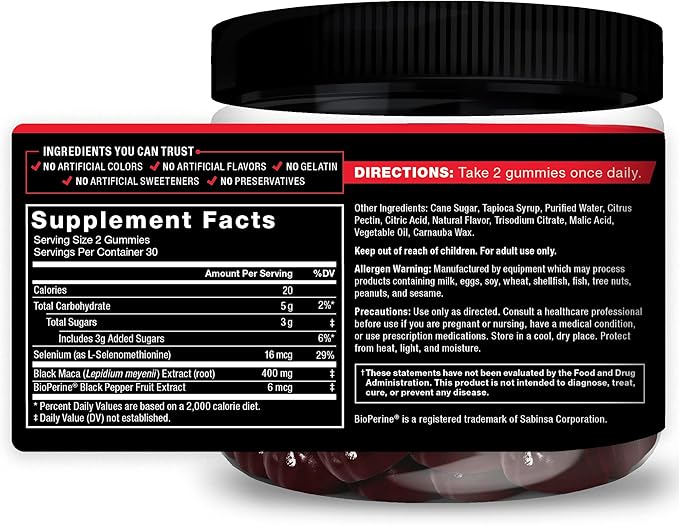 Force Factor Black Maca Gummies, 3-Pack, Black Maca Root to Enhance Male Vitality, Increase Energy & Strength, with BioPerine for Superior Absorption, Delicious Passion Berry Flavor, 180 Gummies