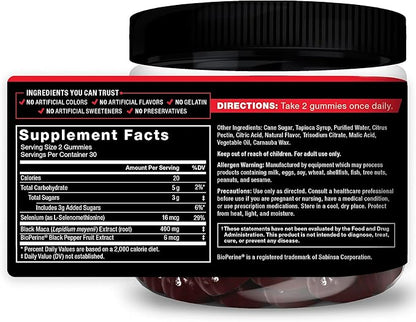 Force Factor Black Maca Gummies, 3-Pack, Black Maca Root to Enhance Male Vitality, Increase Energy & Strength, with BioPerine for Superior Absorption, Delicious Passion Berry Flavor, 180 Gummies
