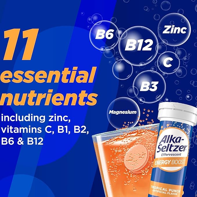 Alka-Seltzer Energy Boost: Caffeine & Guarana, B Vitamins, Supports Mental Alertness and Physical Energy, Daily Energy Supplement, Fizzy Tablets, Sugar-Free, Light Tropical Punch Flavor, 30ct