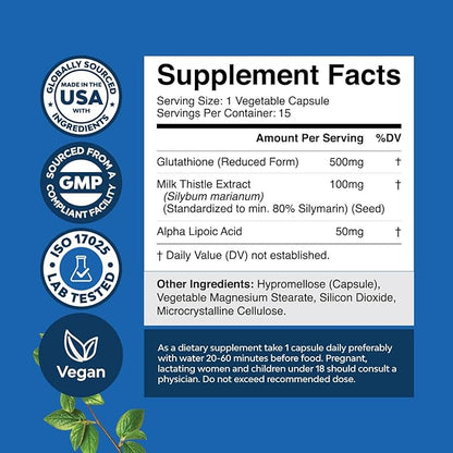 Reduced Glutathione Supplement with Milk Thistle - 500mg Per Serving Plus Alpha Lipoic Acid and Silymarin Milk Thistle Complex for Liver Support Skin Complexion and Immune Support (15 Servings)