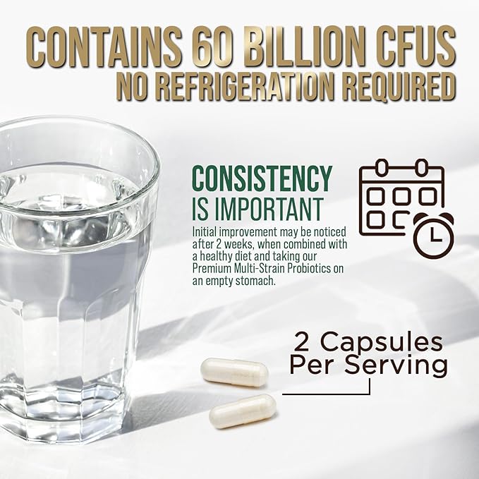 Probiotics 60 Billion CFU + 10 Strains - Daily Probiotic for Immune, Digestive & Gut Support, Prebiotics and Probiotics Supports Occasional Constipation, Gas & Bloating for Women & Men - 60 Capsules