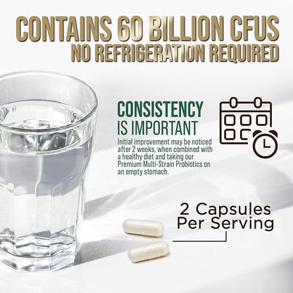 Probiotics 60 Billion CFU + 10 Strains - Daily Probiotic for Immune, Digestive & Gut Support, Prebiotics and Probiotics Supports Occasional Constipation, Gas & Bloating for Women & Men - 60 Capsules