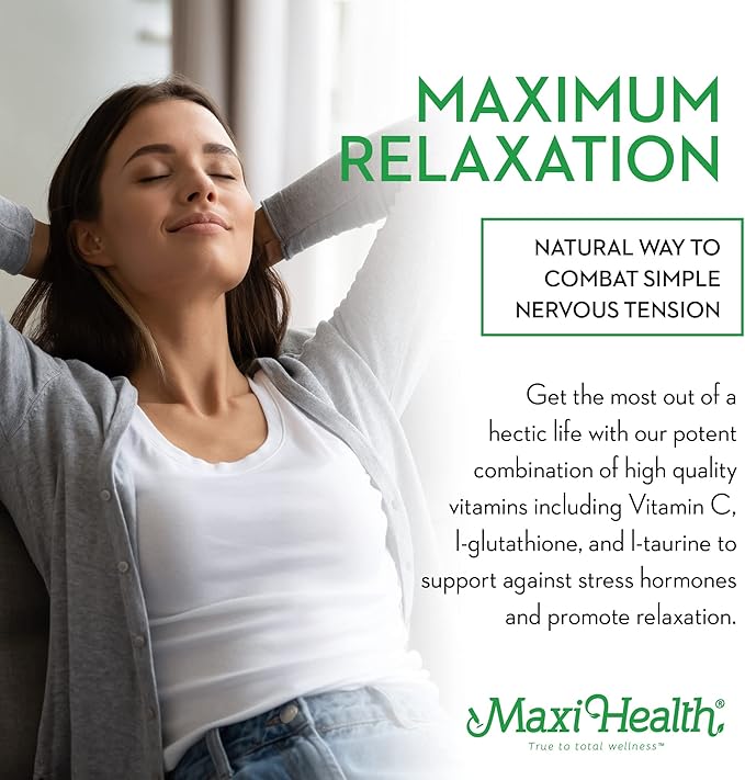 Maxi Health - Relax to The Max Stress Relief Formula (60 Count) Capsules with Vitamin C, Calcium, L-Theanine, L-Taurine & Amino Acids - All Natural Calming & Relaxation Supplements