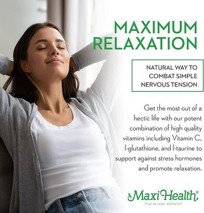 Maxi Health - Relax to The Max Stress Relief Formula (60 Count) Capsules with Vitamin C, Calcium, L-Theanine, L-Taurine & Amino Acids - All Natural Calming & Relaxation Supplements