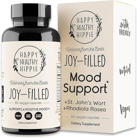 Joy-Filled Mood Support Supplement with St. Johns Wort | Stress Relief – Helps Calm The Mind & Body | 100% Plant-Based Happy Pills, Ashwagandha, Rhodiola Rosea, Eleuthero | Herbal Adaptogens, 60 Ct