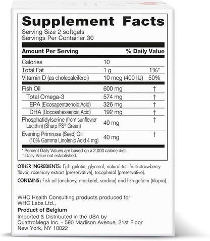 WHC, QuattrO3 & PS, Fish Oil Complex for Children, Omega-3 Triglycerides, Vitamin D3, GLA, Phosphatidylserine, Soy Free, Tutti-Frutti Strawberry Flavor, 60 Softgels