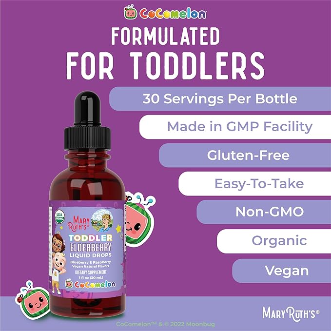 MaryRuth Organics Cocomelon Toddler Elderberry Syrup, USDA Organic Elderberry, Sugar Free Kids Immune Support Supplement for Ages 1-3 Years, Clean Label Project Verified®, Vegan, Gluten Free, 1 Fl Oz
