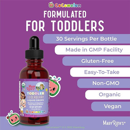 MaryRuth Organics Cocomelon Toddler Elderberry Syrup, USDA Organic Elderberry, Sugar Free Kids Immune Support Supplement for Ages 1-3 Years, Clean Label Project Verified®, Vegan, Gluten Free, 1 Fl Oz