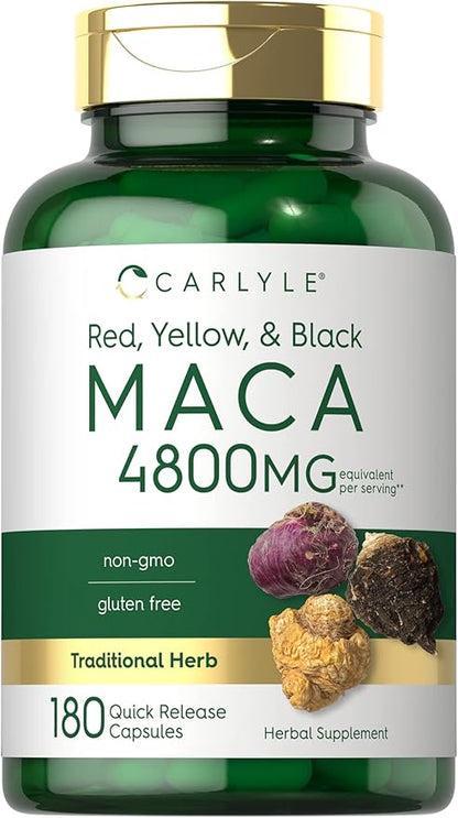 Carlyle Maca Root | Powder Capsules for Women & Men | 4800 mg | 180 Count | High Potency Extract | Non-GMO & Gluten Free Supplement