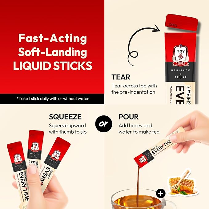 Everytime Korean Red Ginseng Extract 2,000mg - Adaptogen Energy Drink, Liquid Stick Supplements with Propolis - Energy Boost & Immune Support, Caffeine Free (30 Sticks, 0.34 fl oz)
