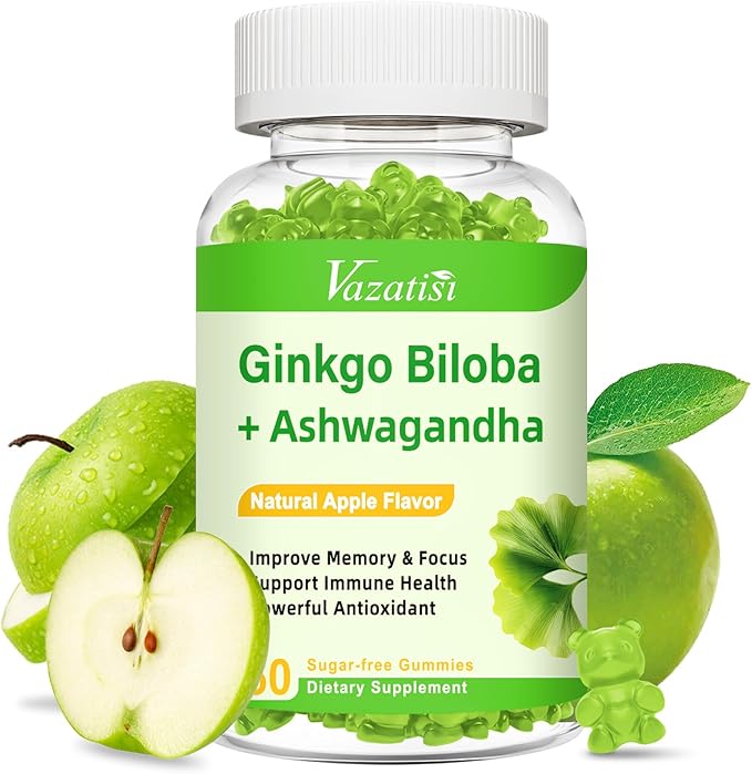 Ginkgo Biloba Gummies with Panax Ginseng for Better Mood and Focus, Booster Brain Health, 60 Vegan Apple Flavor Gummies