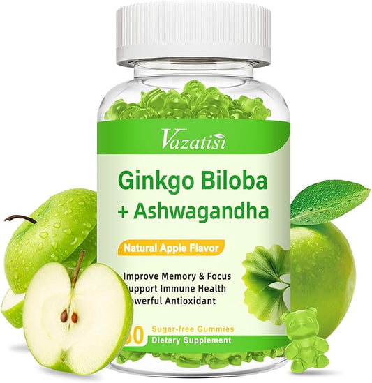 Ginkgo Biloba Gummies with Panax Ginseng for Better Mood and Focus, Booster Brain Health, 60 Vegan Apple Flavor Gummies