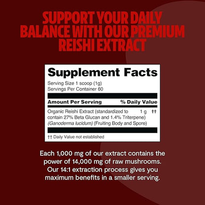 FreshCap Reishi Mushroom Powder 14,000mg - Organic Mushroom Extract Supplement Powder, Ayurveda Nootropic Red Reishi Supplement Blend (60 Servings)
