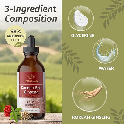 HERBAMAMA Panax Ginseng Root Tincture - Immune & Overall Support with Korean Red Ginseng Supplement - Vegan, Non-GMO, Alcohol & Sugar-Free Herbal Drops, 56-Day Supply