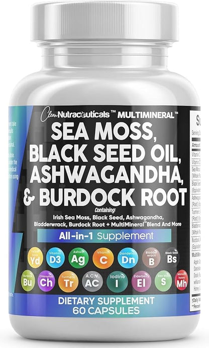 Clean Nutraceuticals Sea Moss Black Seed Oil Ashwagandha Turmeric Bladderwrack Burdock & Vitamin C Vitamin D3 with Elderberry Manuka Dandelion Yellow Dock Iodine Chlorophyll ACV - 2Pack
