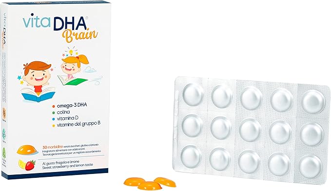 VitaDHA Brain Omega 3 for Kids 3+ IFOS Certified (60 Jellies) - No Fishy Aftertaste, Sugar Free - with Vitamin D3 and B - Strawberry and Lemon Flavour