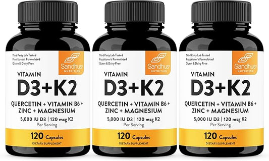 Sandhu's Vitamin D3 K2 5000IU D3,120 mcg K2 Capsules 120 Count (Pack of 3) | Magnesium, VIT B6, Zinc & Quercetin | Superior Absorption, Supports Energy, Immune, Bone & Muscle Health for Men & Women