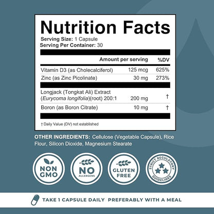 Boron Supplement For Men With Tongkat Ali - Vitamin D3, Zinc Picolinate 30mg, Longjack Tongkat Ali For Men - Boron Citrate 10mg For Men’s Health - Non GMO, Gluten Free, No Allergens - 30 Count