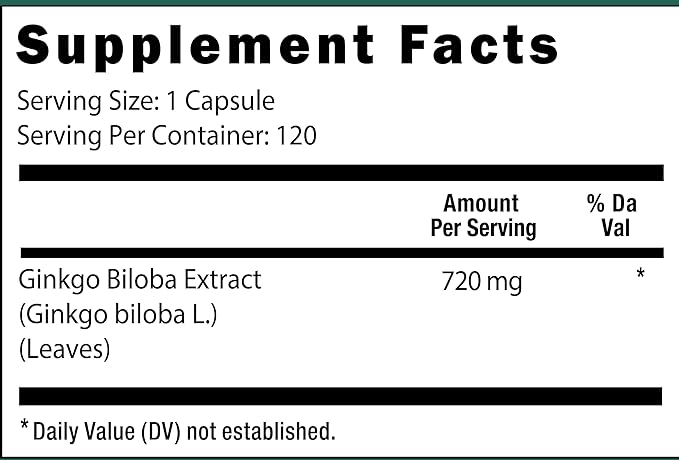 Viva Doria Ginkgo Biloba 720mg, Supports Brain Function & Memory Support, 120 Vegetable Capsules