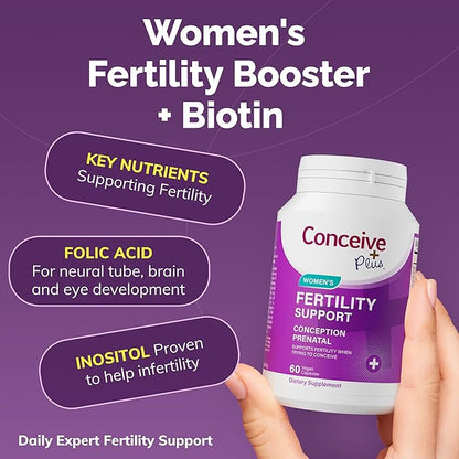 CONCEIVE PLUS Women's Fertility Support: Conception Prenatal Supplements for Her, Aids Hormonal Balance, & Regular Cycles - Folic Acid, B12, Zinc, Biotin, Non-GMO - 60 Vegetarian Soft Capsules