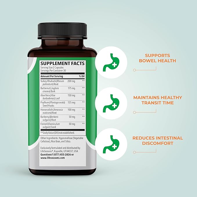LifeSeasons - Regulari-T - Bowel Support - Constipation Relief Supplement - Natural Laxative - Maintain Healthy Colon Regulation and Elimination - Stool Softening - Reduce Gas Discomfort - 60 Capsules