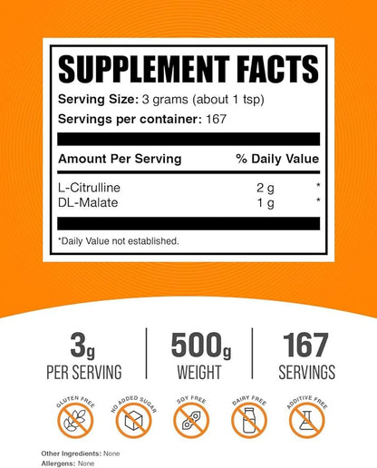 BulkSupplements.com L-Citrulline Malate 2:1 Powder - Nitric Oxide Boost, Citrulline Malate Supplement - Unflavored & Gluten Free - 3g per Servings, 500g (1.1 lbs) (Pack of 1)