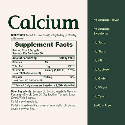 Nature's Bounty Calcium 1200 mg with Vitamin D3 - Bone Health Softgels, Calcium and Vitamin D Supplement, 120 ct (Pack of 1)