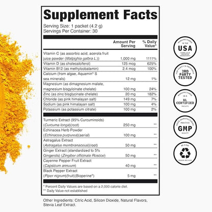 TRULEAN Everyday Wellness Shot Powder - Turmeric, Ginger, Vitamin C, Immunity & Immune Support Supplement - No Artificial Ingredients, No Sugar & Gluten Free - 30 Packets Citrus Flavor