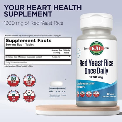 KAL Red Yeast Rice Once Daily 1200mg, Cardiovascular Support* Supplement with Naturally Occurring Unsaturated Fatty Acids, Amino Acids & Phytonutrients, Vegan, Gluten Free, 30 Servings, 30 Tablets