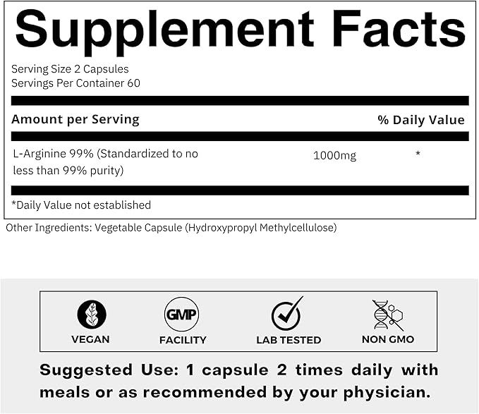 L-Arginine 1000mg Supplement for Men and Women - Supports Nitric Oxide Production - Supports Blood Circulation - Pre Workout Amino Acid Supplement (120 Capsules)