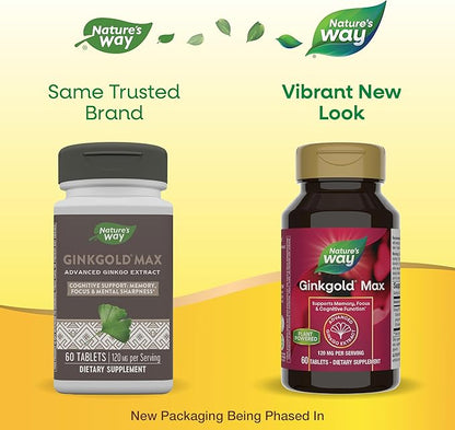 Nature's Way Ginkgold Max Advanced Ginkgo Extract, Supports Memory, Focus, and Concentration, and Cognitive Function*, Gluten free, Vegan, 60 Vegan Tablets (Packaging May Vary)