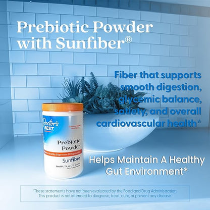Doctor's Best Prebiotic Fiber Powder with Sunfiber, Supports Healthy Digestion & Regularity, Non-GMO, Gluten Free, Soy Free, Vegan, Unflavored, Non-Gritty, Easy Dissolve Net Wt. 7.4 oz (210 Grams)