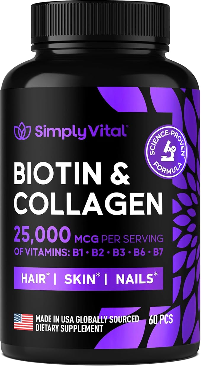 Biotin and Collagen Supplements with Keratin - Hair Vitamins - Hair Skin & Nails Vitamins with Biotin, Collagen, B Complex - Made in USA - Biotin Supplement for Strong Hair, Skin & Nails - 60 Capsules