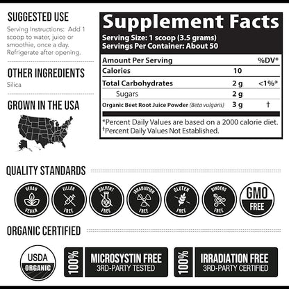 BioBeet® Max Strength Beet Root Juice Powder – 20:1 Concentrate, Each Serving Derived from 60,000 mg Organic Beetroot - Cold-Pressed, USA Grown – Nitric Oxide, Circulation Support – 50 Servings