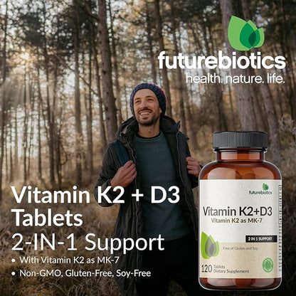 Futurebiotics Vitamin K2 with D3, 2 in 1 Support, 5000 IU Vitamin D3 & 90 mcg Vitamin K2 MK-7 Non-GMO, 120 Tablets