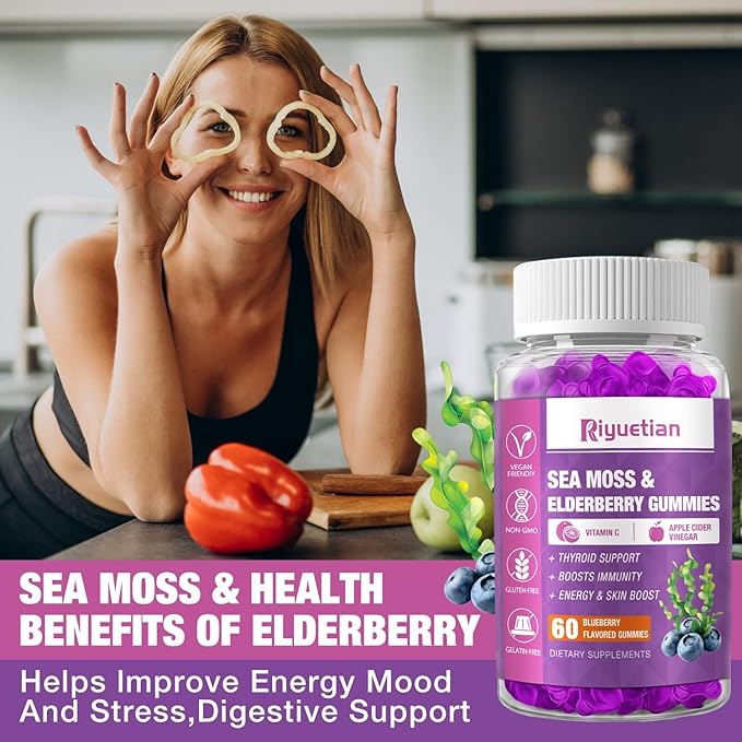 Sea Moss & Elderberry Gummies, 60 Count, Blueberry Flavored, with Vitamin C and Apple Cider Vinegar, Vegan (120 Count(Pack of 2)