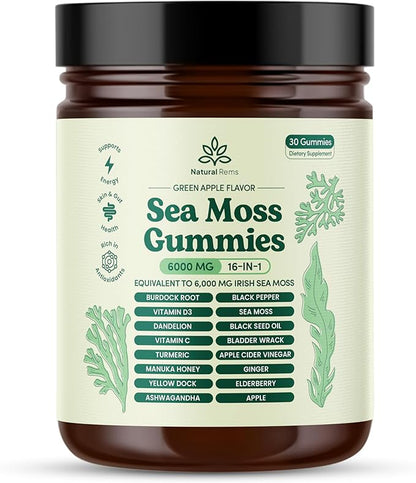 Sea Moss Gummies 16-in-1 - Ashwagandha Black Seed Oil Bladder Wrack Turmeric Vitamin C & D3 with Manuka Burdock Root Dandelion Yellow Dock Elderberry Apple Cider Vinegar (Green Apple)