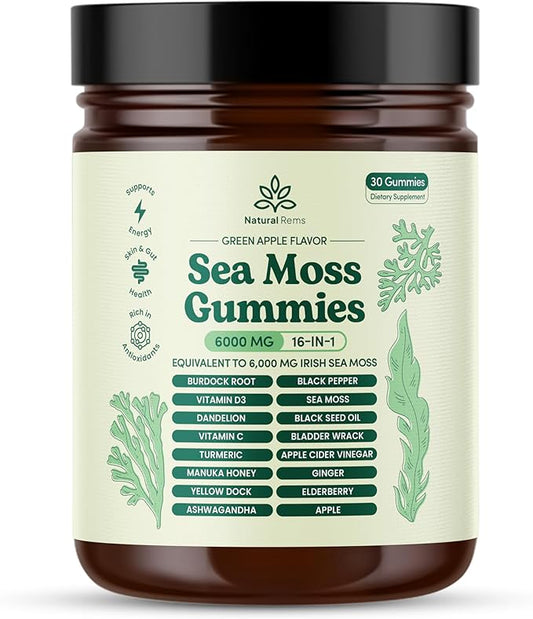 Sea Moss Gummies 16-in-1 - Ashwagandha Black Seed Oil Bladder Wrack Turmeric Vitamin C & D3 with Manuka Burdock Root Dandelion Yellow Dock Elderberry Apple Cider Vinegar (Green Apple)