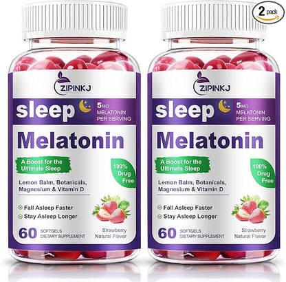 Sleep Support Supplement Softgels, Sleep Aids for Adults, Sleep Supplement with Melatonin 5mg, Vitamin D2, Magnesium, and Lemon Balm, Strawberry Extract, Gluten-Free, Vegan & Non-GMO, 120 Count