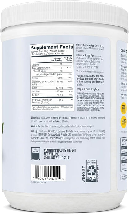 Isopure Collagen Peptides Powder, Promotes Hair, Nail, Skin and Joint Health, with Vitamin C and Biotin, Lemonade, 20g Collagen Peptides Per Serving, 11.36 Oz, 14 Servings (Packaging May Vary)