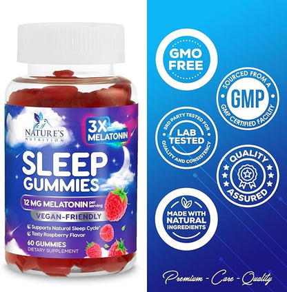 Sleep Gummies with Melatonin - Extra Strength Sleep Gummy, 12 mg Melatonin, Natural Melatonin Gummy, Occasional Sleep Support Supplement for Adults, Vegan, Non-GMO, Gomitas para Dormir - 60 Gummies