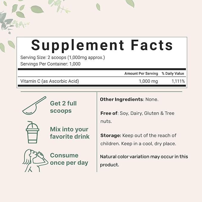 Pure Vitamin C Crystal Powder (Water Soluble Vitamin C 1000mg Per Serving), 1 KG (2.2 Pounds), Immune Vitamins and Strong Antioxidant, Pure Ascorbic Acid Powder Supplement