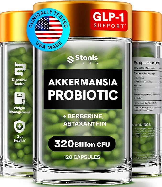 Akkermansia Muciniphila Probiotics 320 Billion CFU| GLP-1 Probiotic and Prebiotic | Akkermansia Probiotics for gut health | Inulin Prebiotic Fiber Capsules Astaxanthin & Berberine & Chromium 120 count