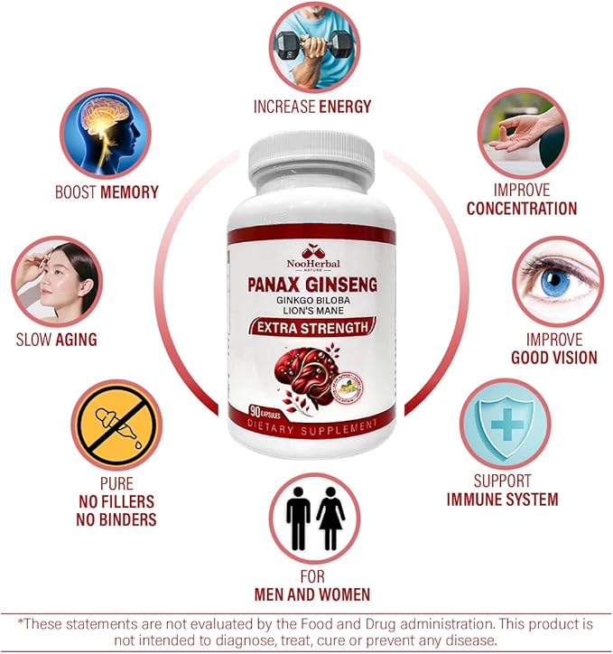 Panax Ginseng + Ginkgo Biloba + Lion's Mane 750 MG per Serving - 90 Vegan Capsules, Extra Strength Ginsenosides for Energy, Mental Focus, Immune Support, Non-GMO & Gluten Free